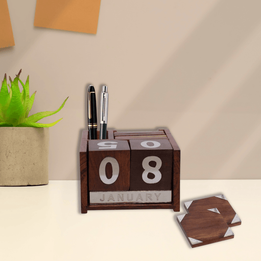 3 in 1 Perpetual Wooden Calendar with 6 Coasters and Pen Holder - Stylla London