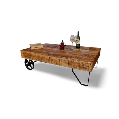 Industrial Cart Style Coffee Table with Wheels