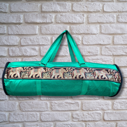 Indian Silk Yoga Mat Bag and Carriers - Green - Stylla London