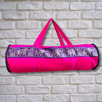 Indian Silk Yoga Mat Bag and Carriers - Pink - Stylla London