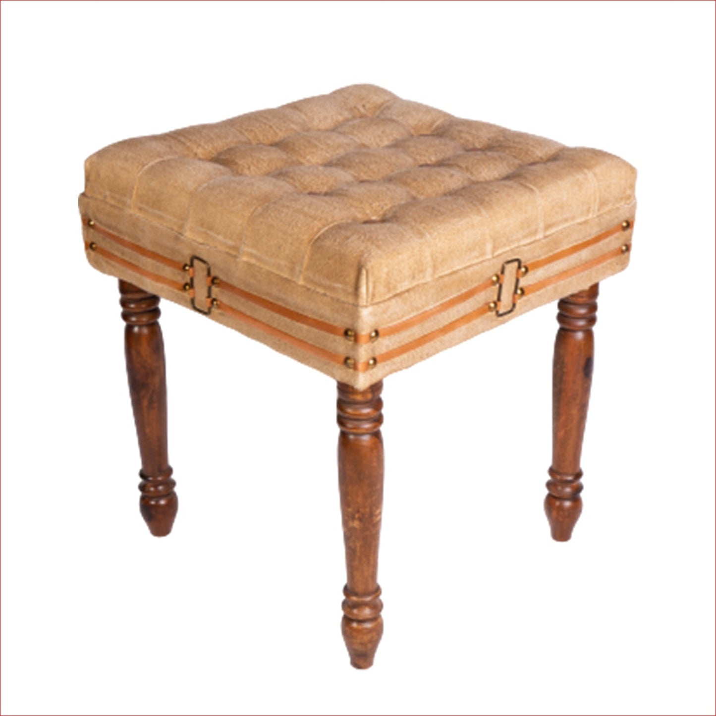 Vintage Style Square Ottoman with Canvas Seat and Wooden Legs - Stylla London