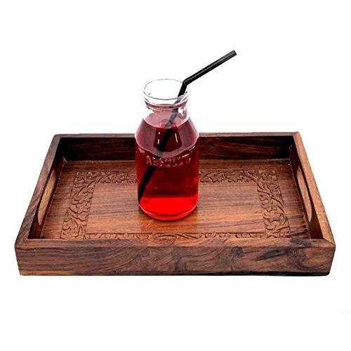 Handmade Small Wooden Breakfast Serving Trays with Engraved Floral Hand Carving - Stylla London