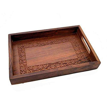 Handmade Small Wooden Breakfast Serving Trays with Engraved Floral Hand Carving - Stylla London