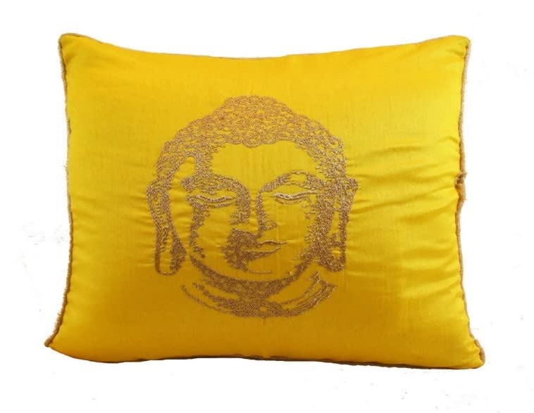 Embroidered Silk Satin Art Cushion Covers - Yellow - Buddha Design - 41 X 41cm - Stylla London