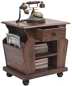 Stylla London Dark Brown Sheesham Wood side table for telephone and magazines with two shelves and two side slots four round legs and one drawer