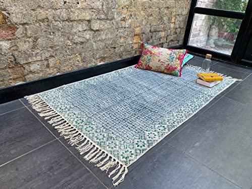 Stylla London Indian Cotton Rug Handloom Weave Tile Art Rag Rug for Home Floor, Bedroom, Living Room I Hand Woven Thin Floor Mat Carpet with Tassel - Stylla London