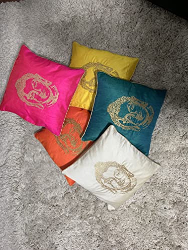 Embroidered Silk Satin Art Cushion Covers - Yellow - Buddha Design - 41 X 41cm - Stylla London