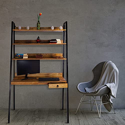 Ladder Style Sheesham Wood Bookshelf with Desk - Stylla London