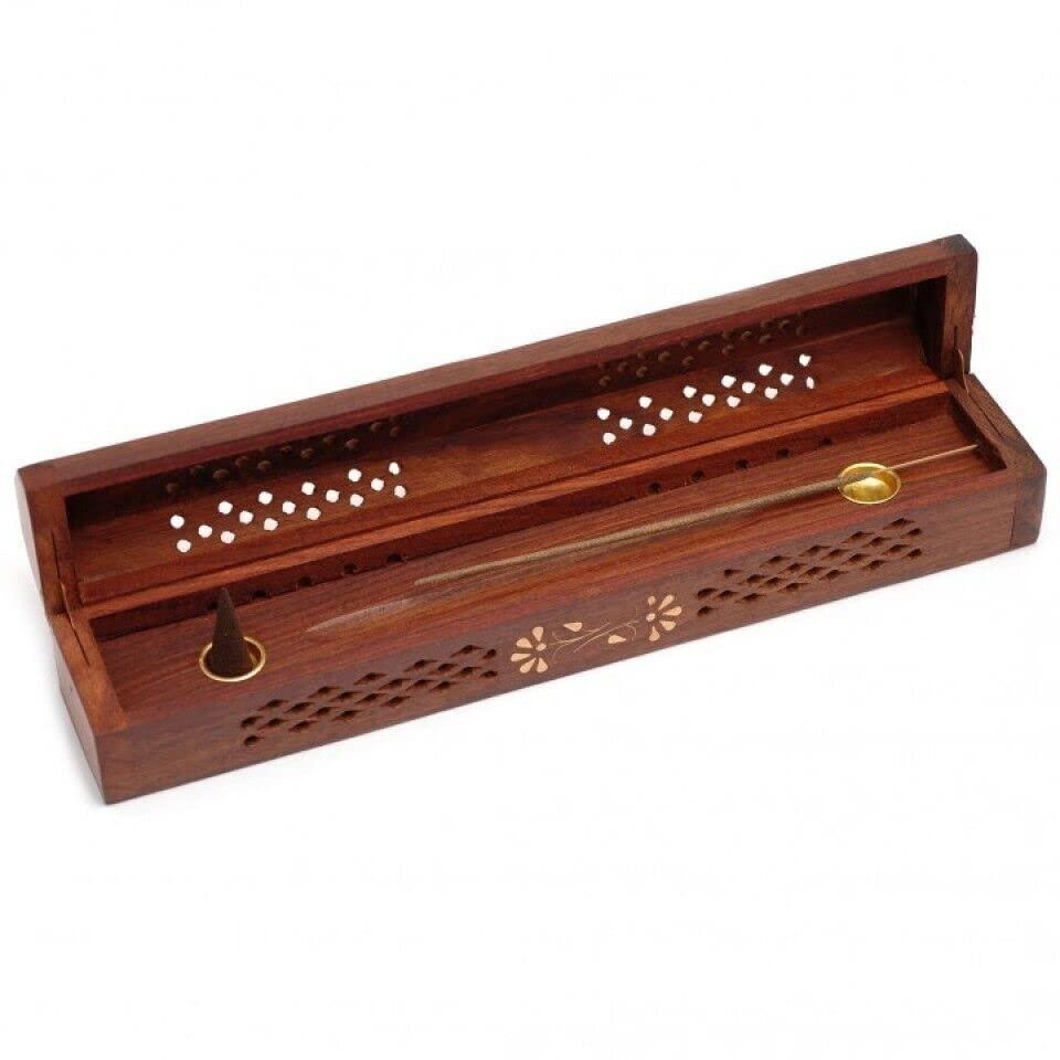 Stylla London® Handmade Wooden Brown Incense Stick Holder Burner Storage Box Ash Catcher With Brass Inlay - Stylla London