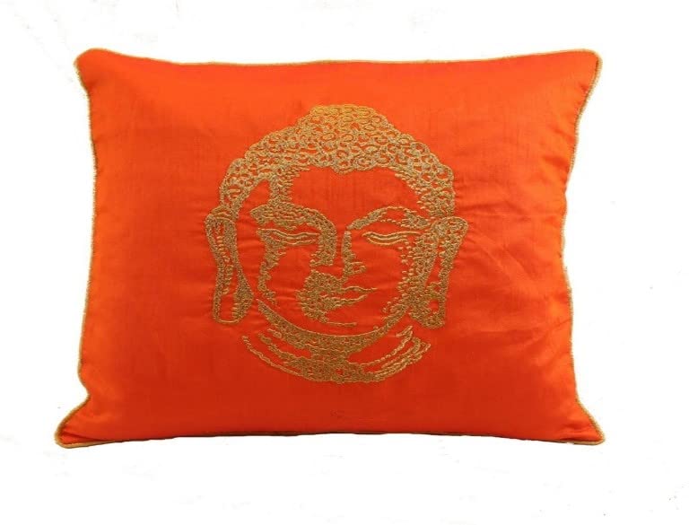 Embroidered Silk Satin Art Cushion Covers - Orange - Buddha Design - 41 X 41cm - Stylla London