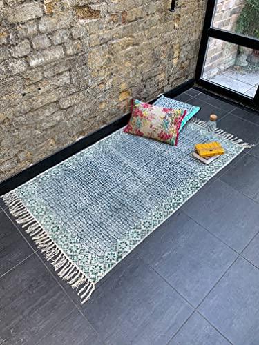 Stylla London Indian Cotton Rug Handloom Weave Tile Art Rag Rug for Home Floor, Bedroom, Living Room I Hand Woven Thin Floor Mat Carpet with Tassel - Stylla London