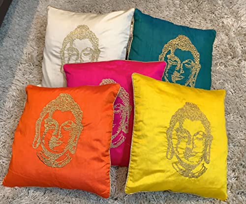 Embroidered Silk Satin Art Cushion Covers - Teal - Buddha Design - 41 X 41cm - Stylla London
