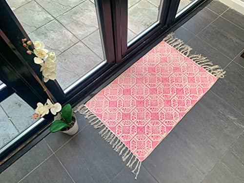 Stylla London Indian Cotton Rug Handloom Weave Pink Rag Rug for Home Floor, Bedroom, Living Room I Hand Woven Thin Floor Mat Carpet with Tassel - Stylla London