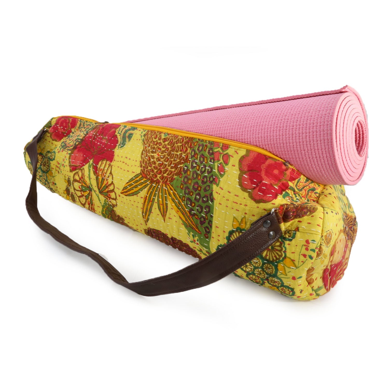 Indian Kantha Style Yoga Mat Bag and Carriers - Yellow - Stylla London