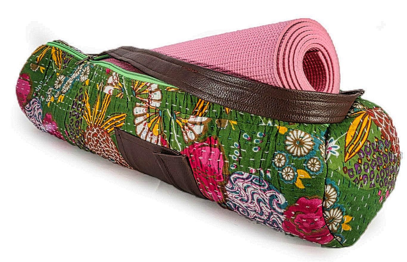 Indian Kantha Style Yoga Mat Bag and Carriers - Green - Stylla London