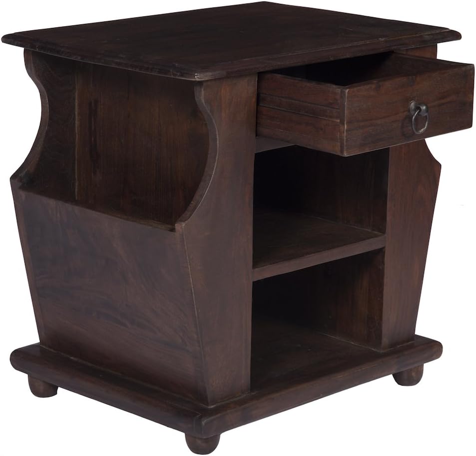 dark brown side table made of sheesham wood with one drawer two shelves and two magazine holders on sides 