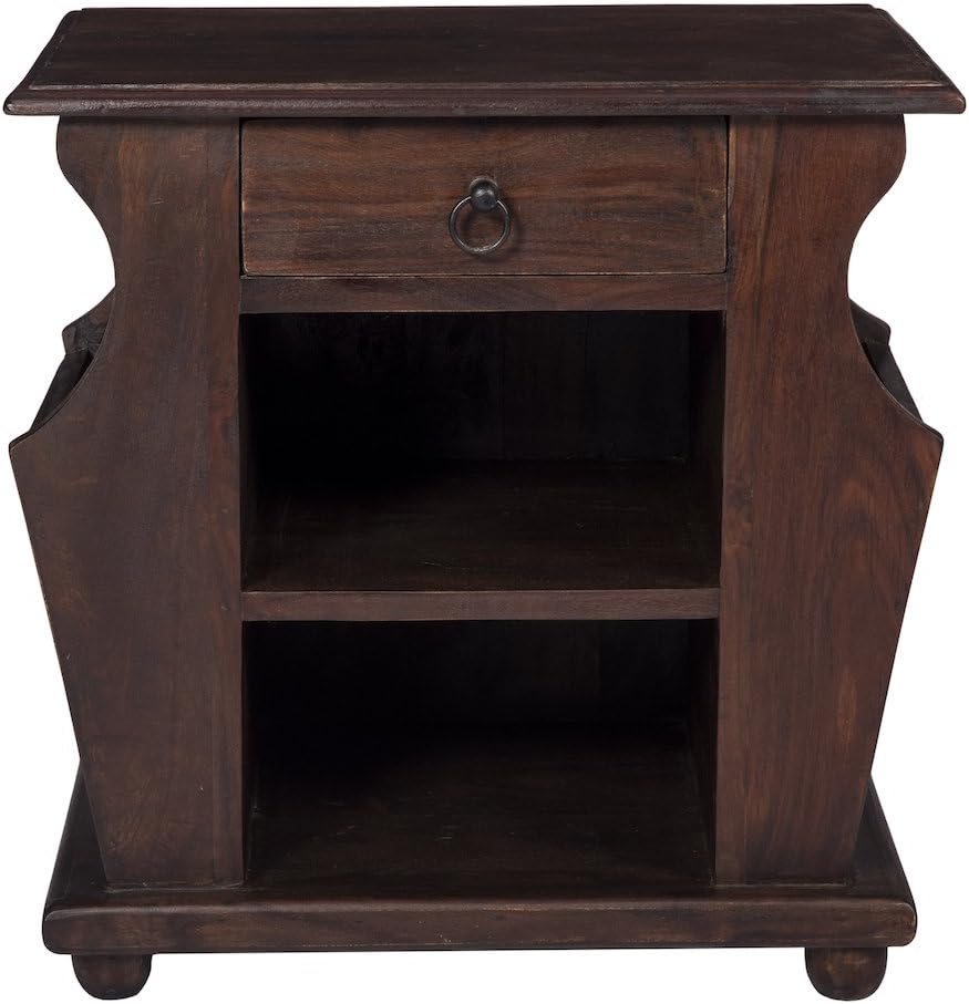 front view of dark brown side table made of sheesham wood with one drawer two shelves and two magazine holders on sides 