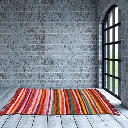 Stylla London Indian Handloom Weave Multi Colour Cotton Chindi Rug for Home Floor, Bedroom, Living Room I Hand Thin Floor Mat Carpet with Tassel (W100 x H160cms) - Stylla London