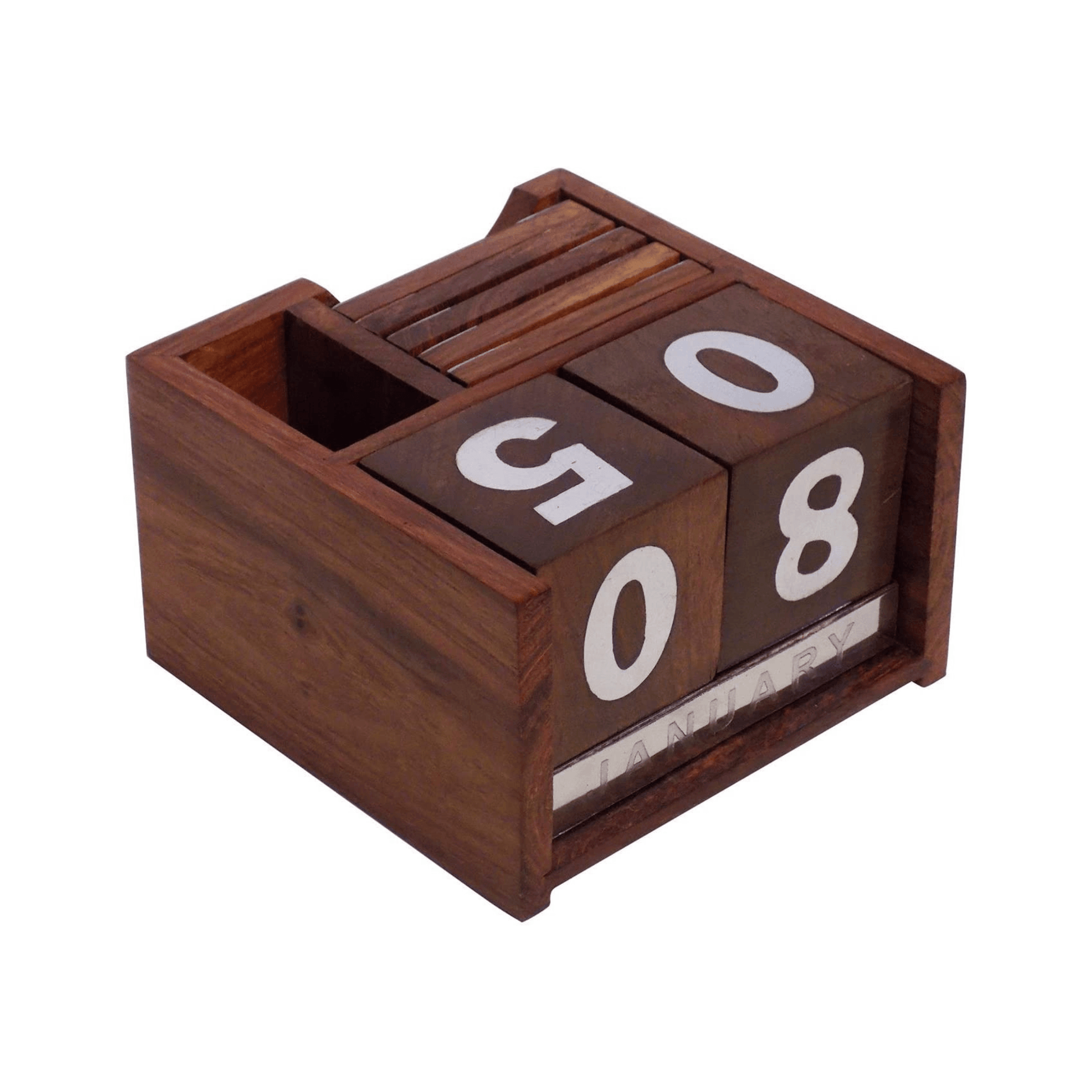 3 in 1 Perpetual Wooden Calendar with 6 Coasters and Pen Holder - Stylla London