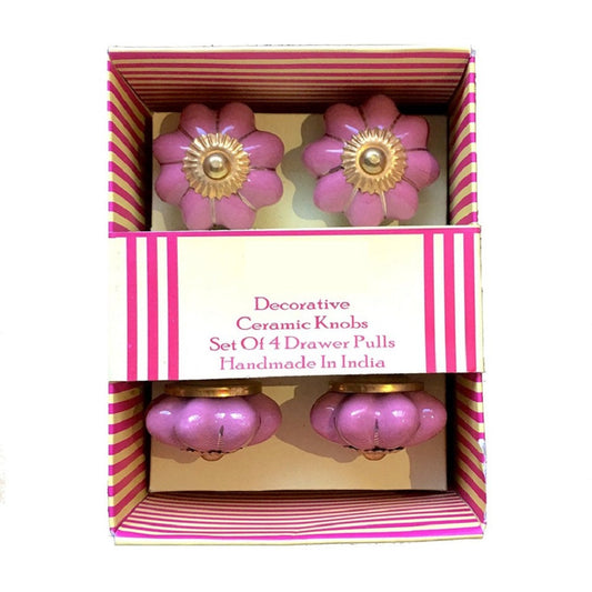 Hand Painted Ceramic Door Knobs - Set of 4 - Victorian Design - Pink with Gold Fittings - Stylla London