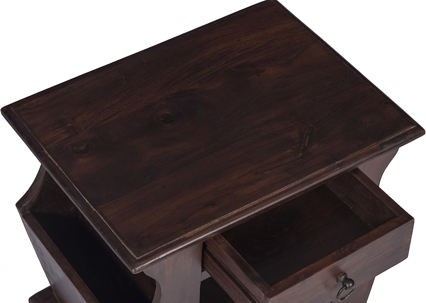 top view of dark brown side table made of sheesham wood with one drawer two shelves and two magazine holders on sides 