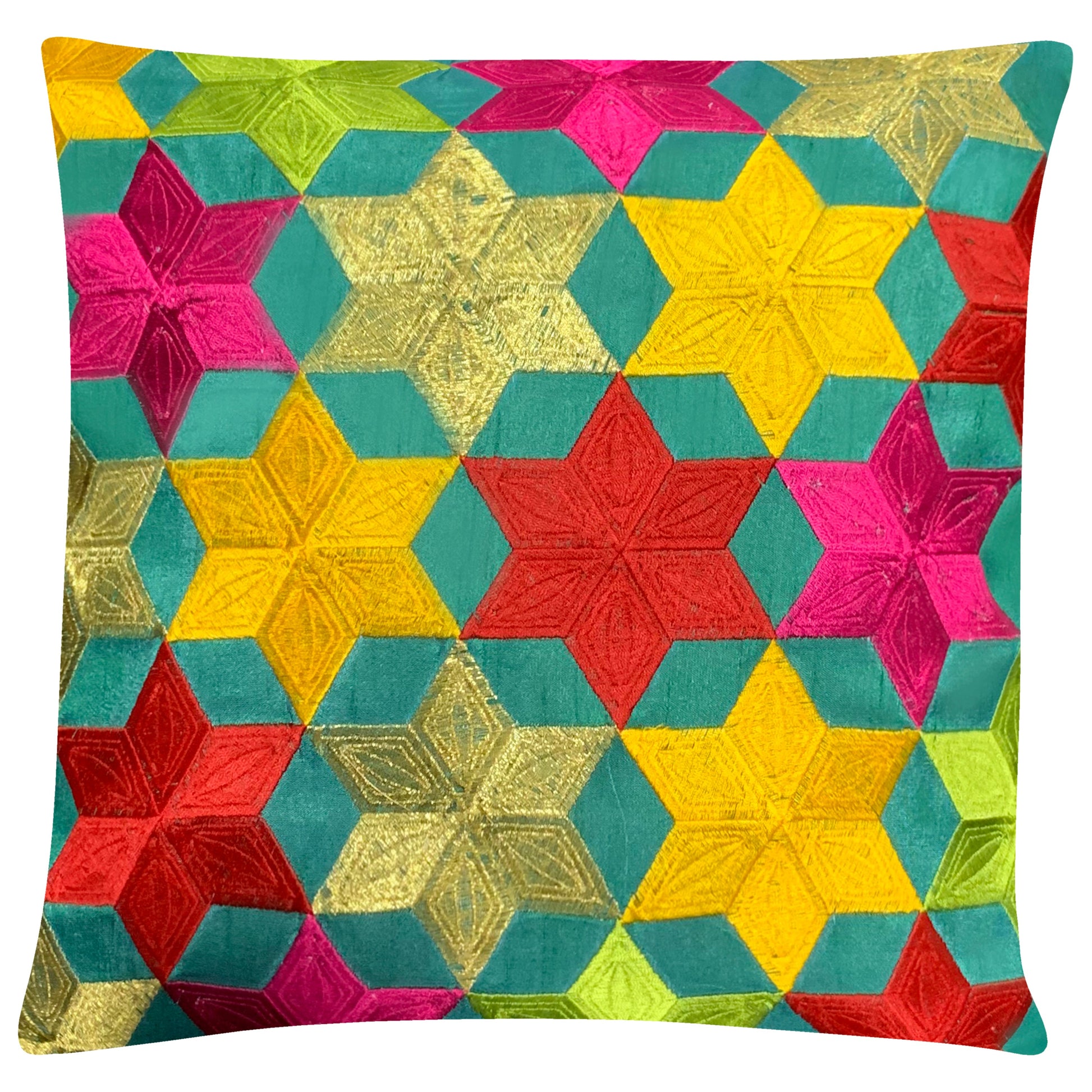 Embroidered Silk Satin Art Cushion Covers - Stars Pattern - 41x41cm - Teal - Stylla London