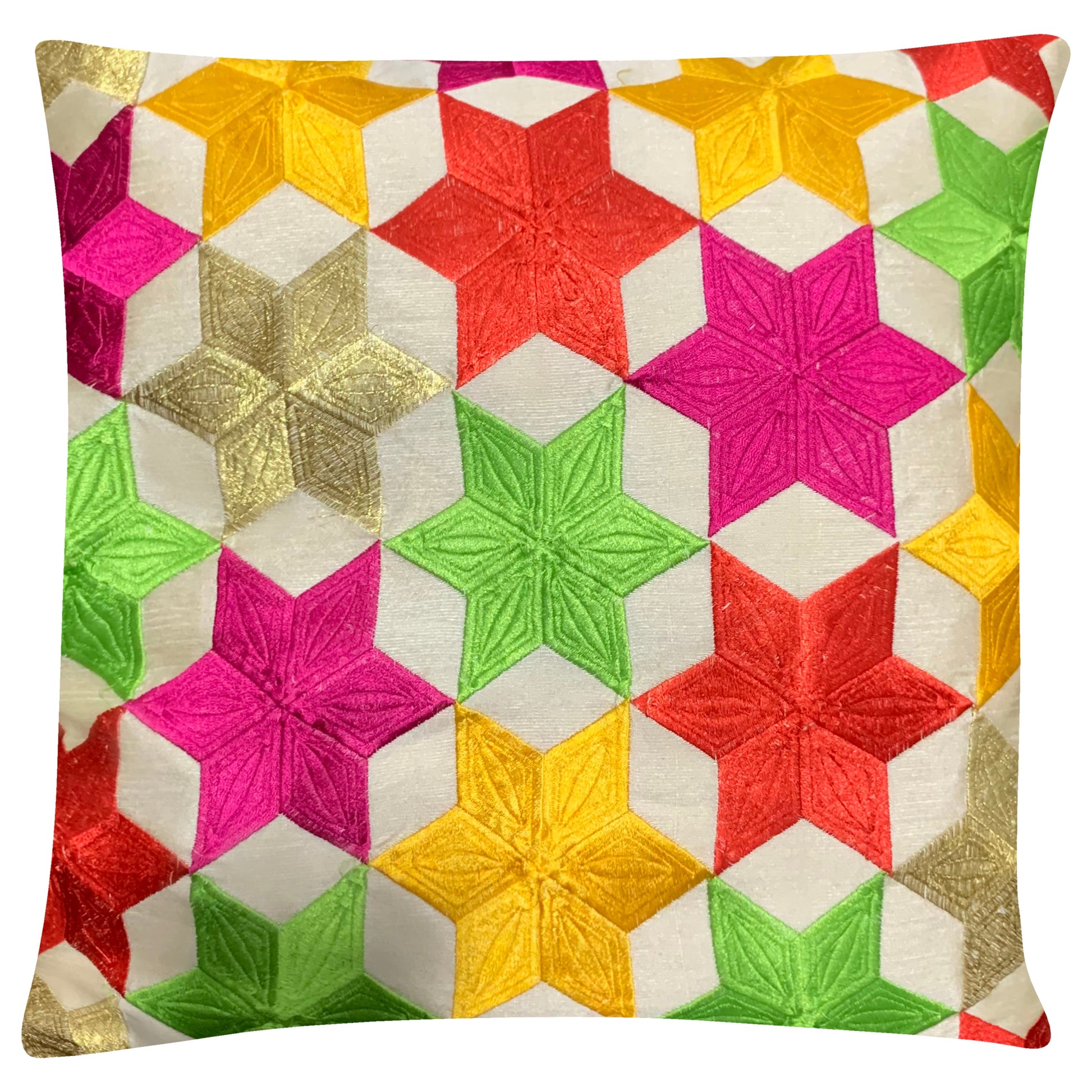 Embroidered Silk Satin Art Cushion Covers - Stars Pattern - 41x41cm - White - Stylla London