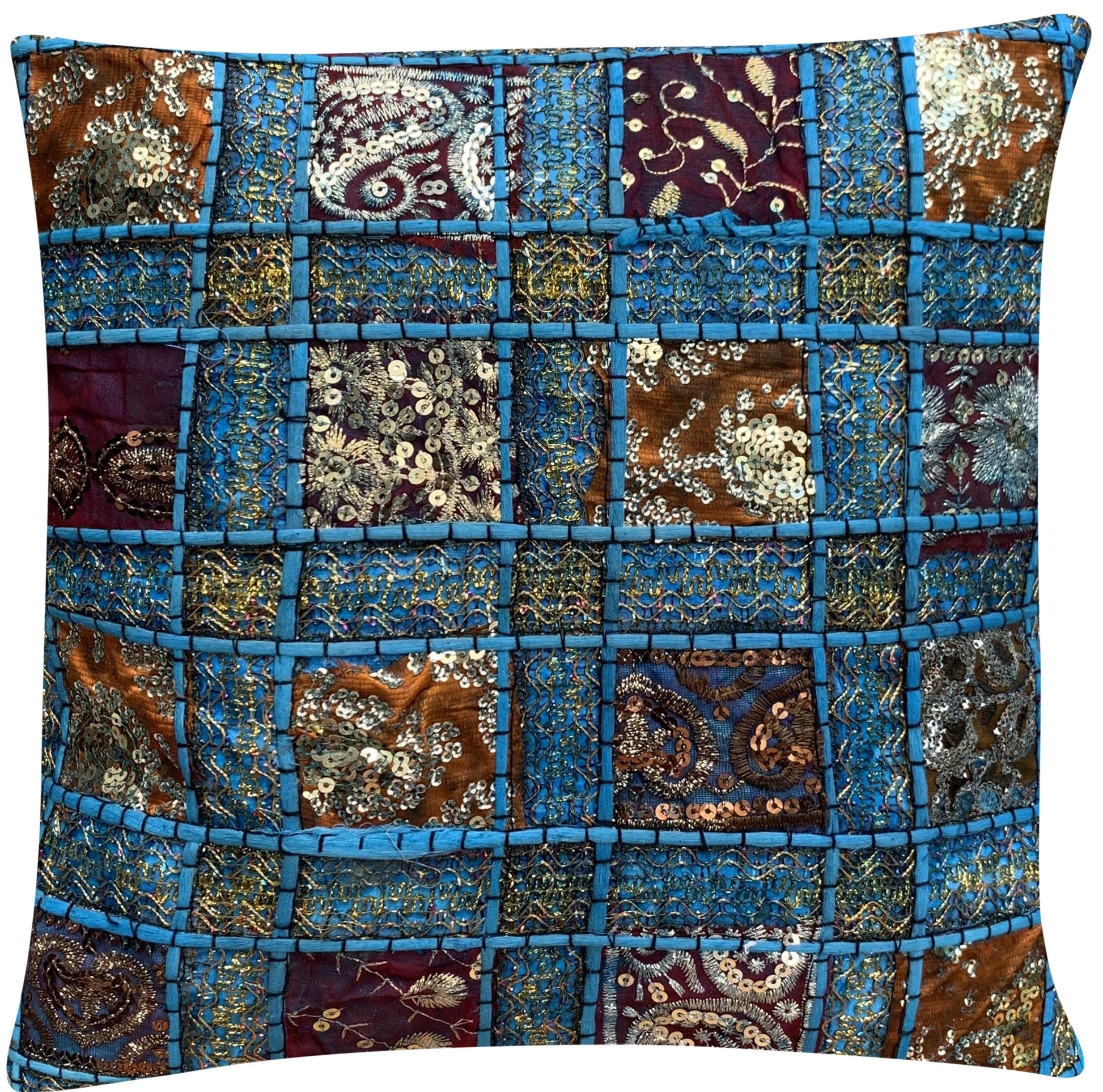 Vintage Sari Patchwork Cushion Covers - Classic Blue - 41x41cm - Stylla London