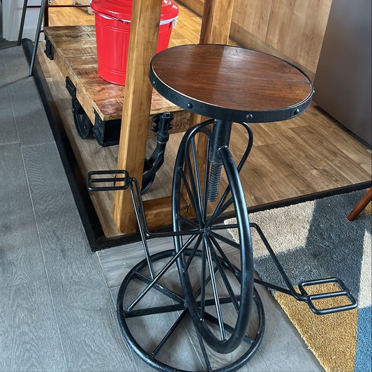 Wrought iron cycle style wheel bar stool with round mango wood seat