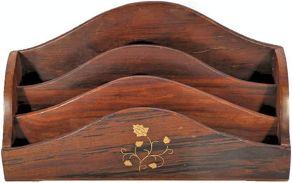 Wooden Desk Organiser with Brass Leaf Design - 3 Slots - Stylla London