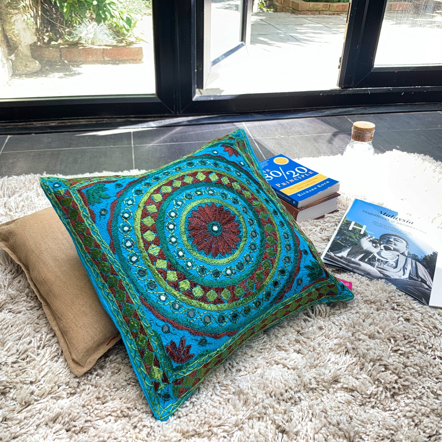 Thread Embroidery Work Rangoli Design Cotton Cushion Covers - Blue - Stylla London