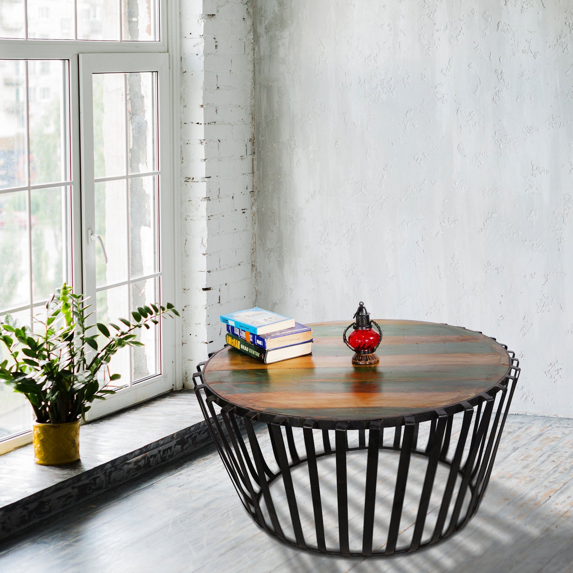 Industrial Style Reclaimed Wood Round Coffee Table - Stylla London