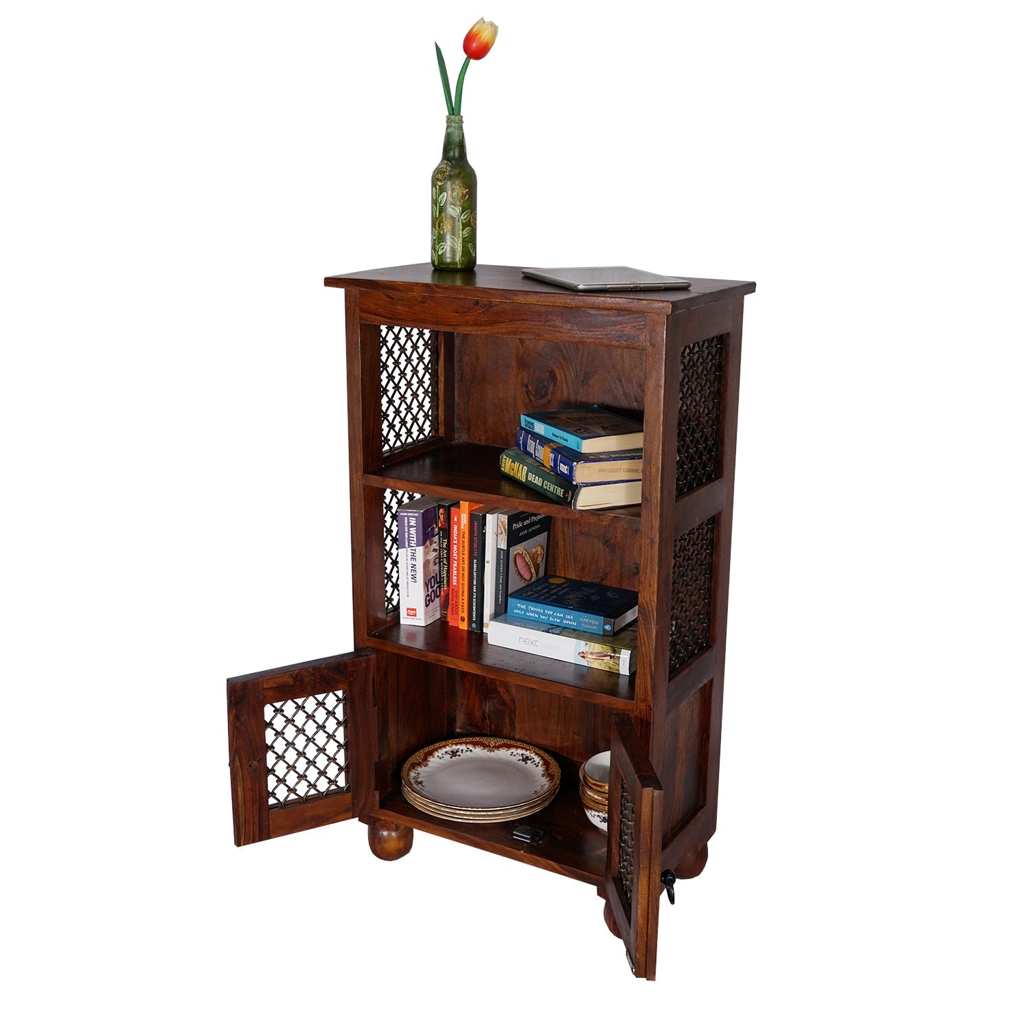 Handmade Wooden Storage Display Unit with Jali Cabinet - 2-Tier - Stylla London