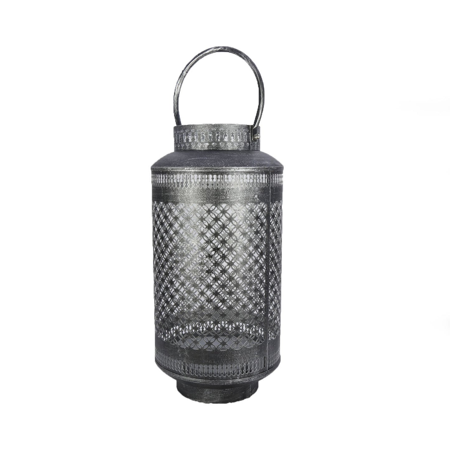 Rustic Silver Finished Moroccan Candle Lantern - Cylindrical Design - Stylla London