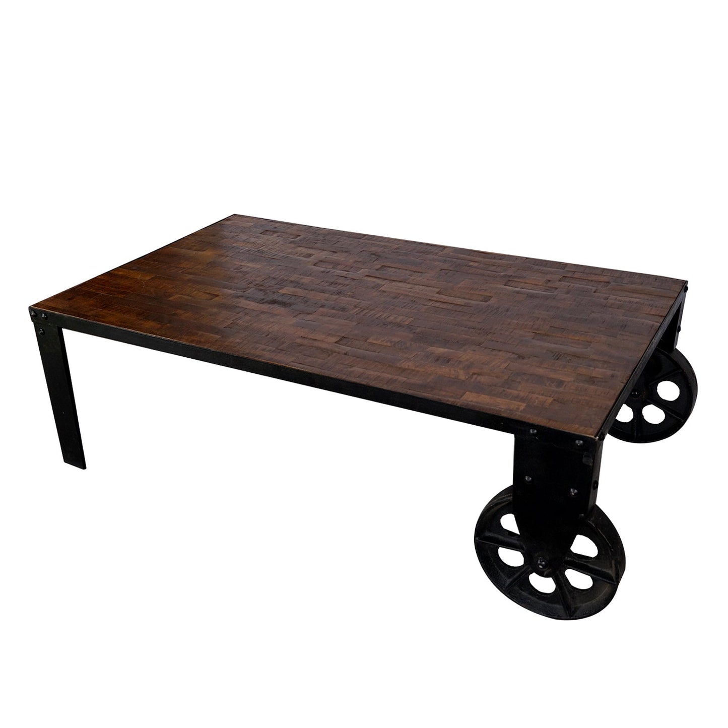 Rustic Industrial Cart Style Coffee Table with 2 wheels - Stylla London
