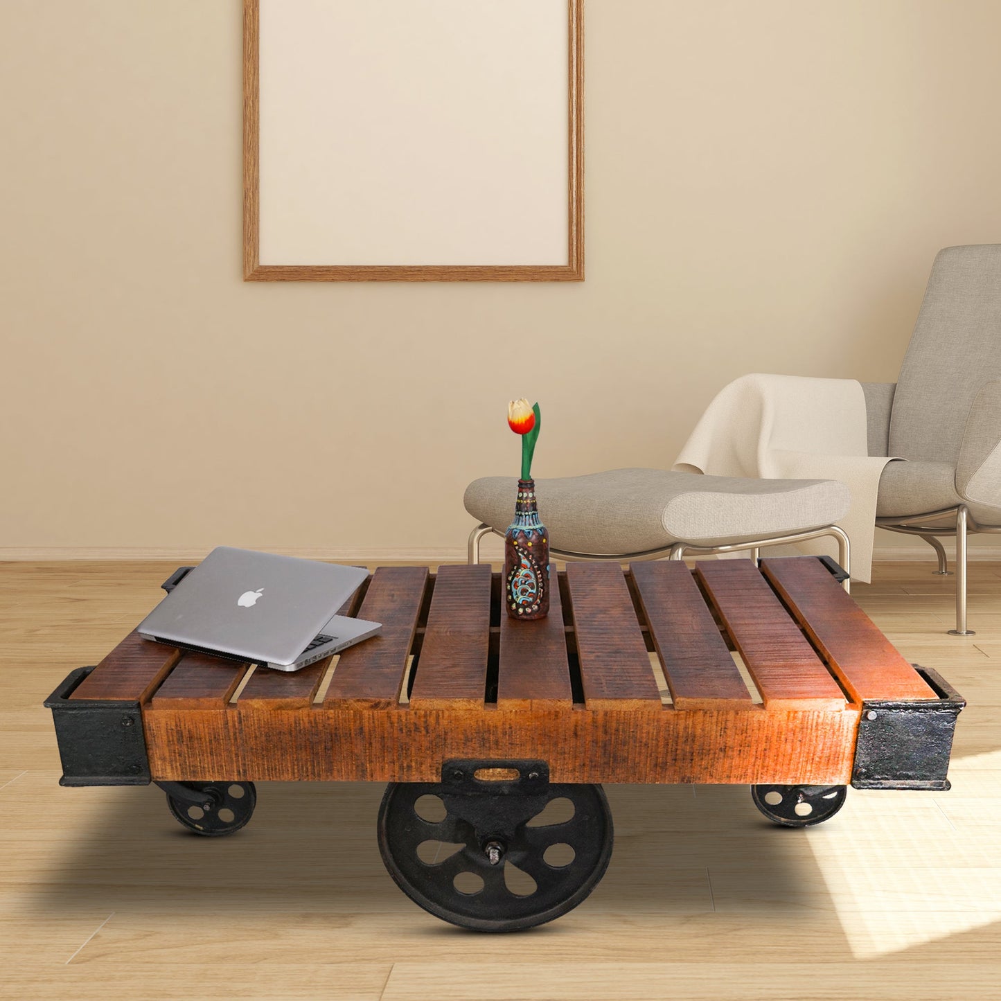 Vintage Industrial Cart Style Coffee Table with 4 Wheels - Stylla London