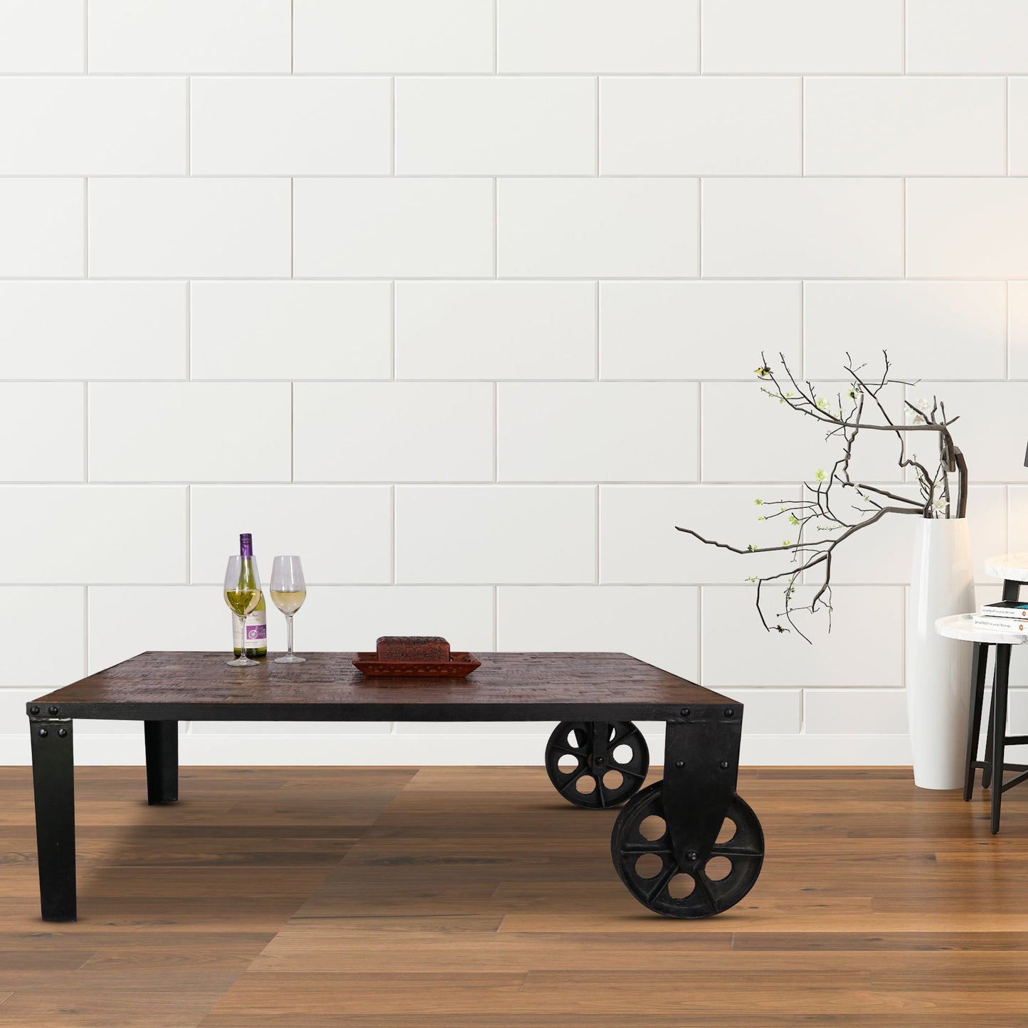 Rustic Industrial Cart Style Coffee Table with 2 wheels - Stylla London