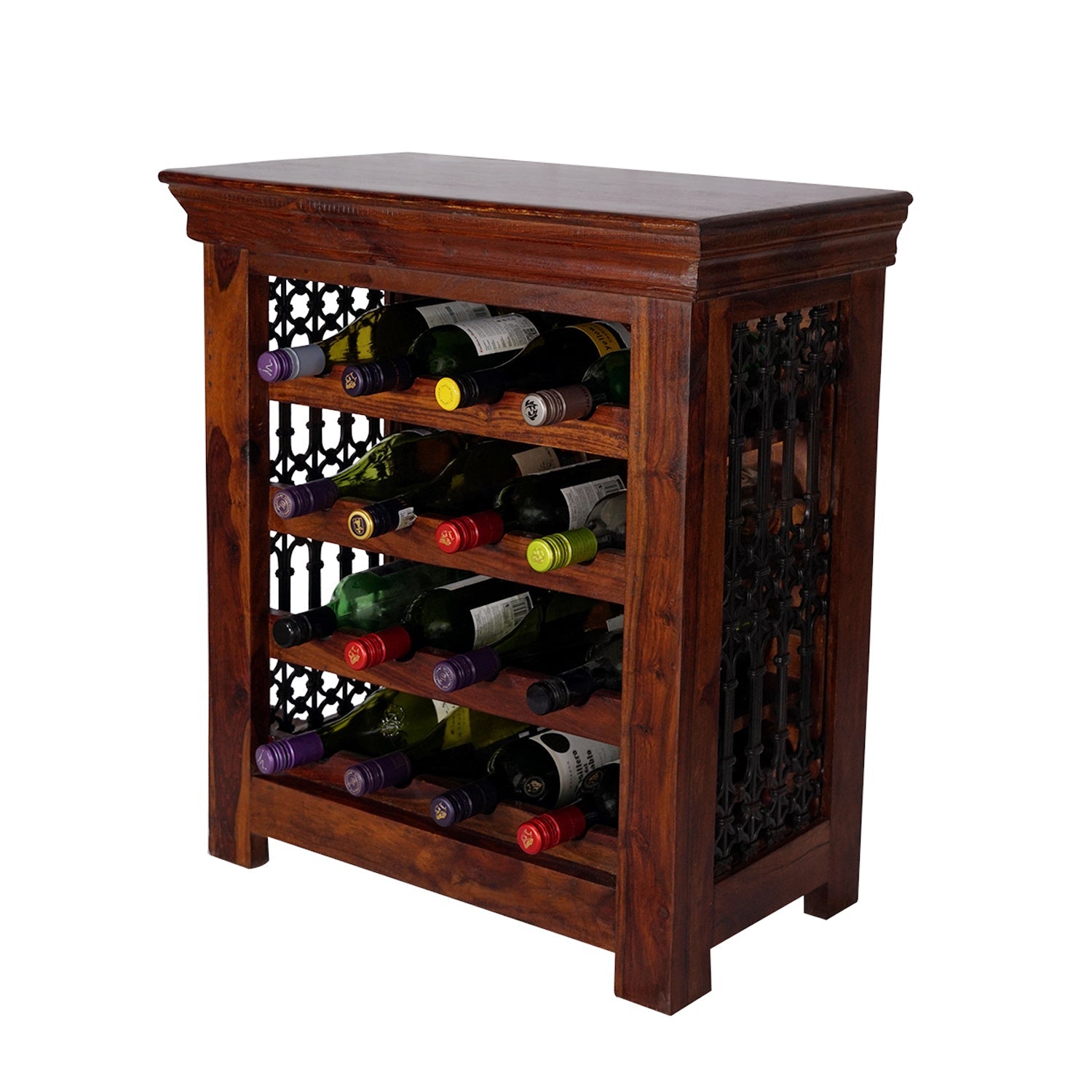 Indian Handcrafted Wooden Wine Rack with Jali Design for upto 16 bottles - Stylla London