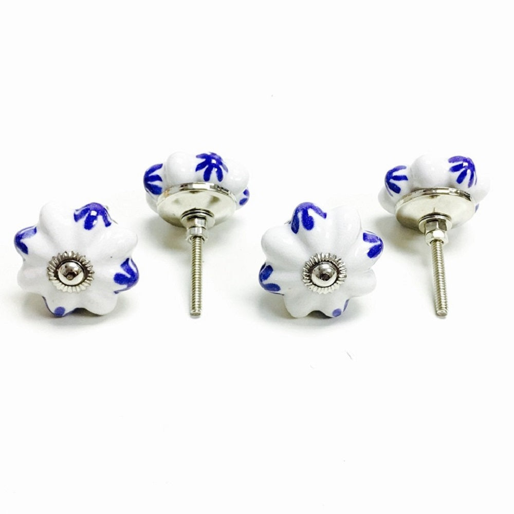 Hand Painted Ceramic Door Knobs - Set of 4 - White with Blue Leaves Design - Stylla London