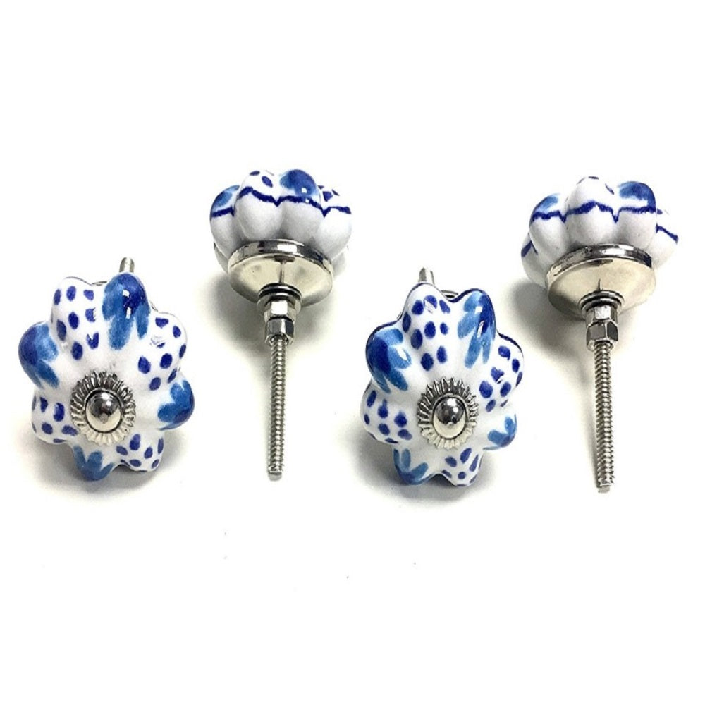 Hand Painted Ceramic Door Knobs - Set of 4 - Blue Leaves and Dots Design - Stylla London