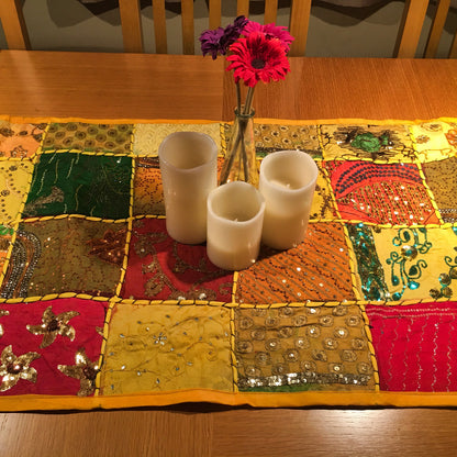 Hand Embroidered Vintage Cotton Sari Patchwork Table Runner - Yellow - Stylla London
