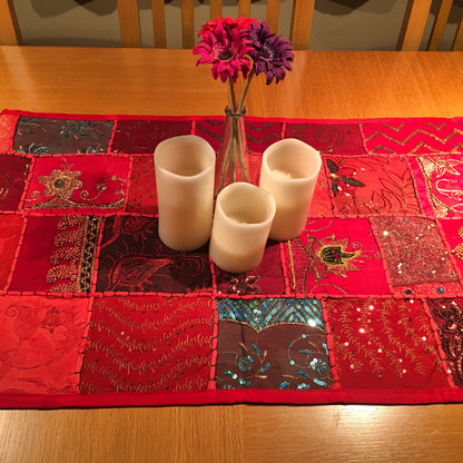 Hand Embroidered Vintage Cotton Sari Patchwork Table Runner - Red - Stylla London