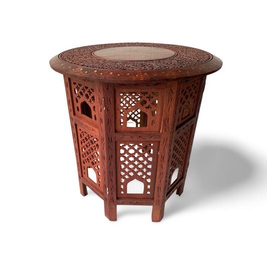 Indian Hand Carved Jali Patterns Oct Wooden Table with Brass & Copper Inlays