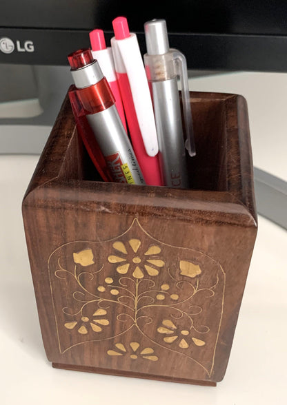 Handmade Wooden Pen Stand - Floral Design - Stylla London