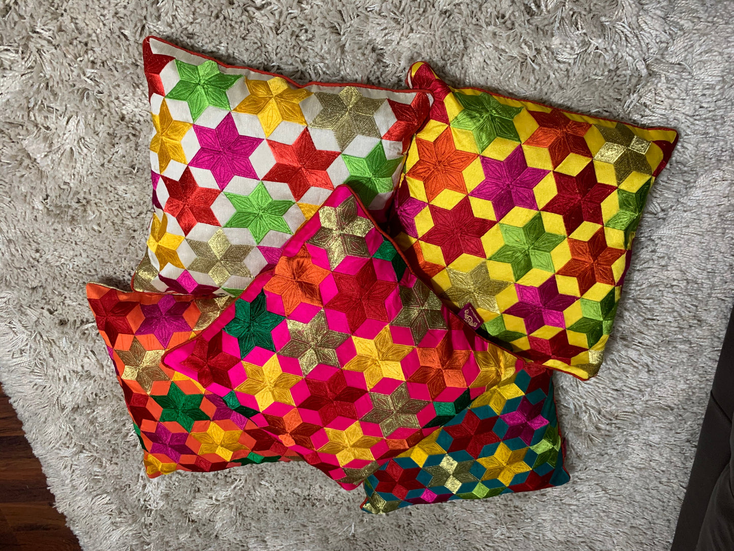 Embroidered Silk Satin Art Cushion Covers - Stars Pattern - 41x41cm - Yellow - Stylla London