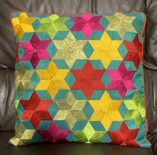 Embroidered Silk Satin Art Cushion Covers - Stars Pattern - 41x41cm - Teal - Stylla London