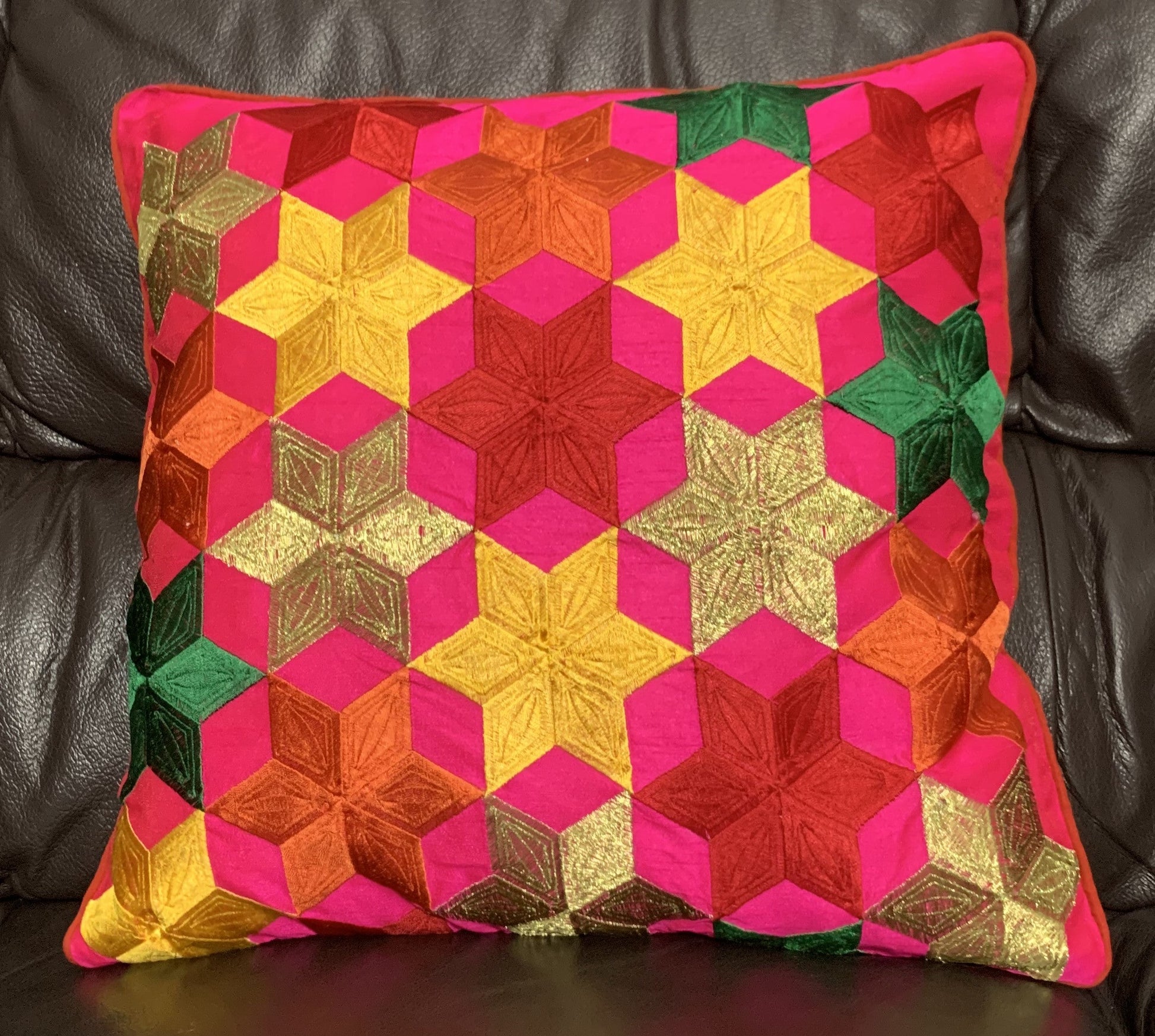 Embroidered Silk Satin Art Cushion Covers - Stars Pattern - 41x41cm - Pink - Stylla London
