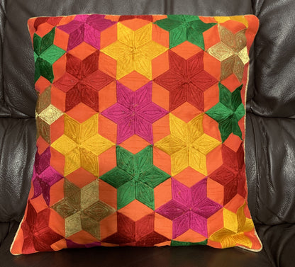 Embroidered Silk Satin Art Cushion Covers - Stars Pattern - 41x41cm - Orange - Stylla London