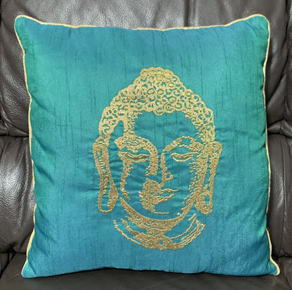 Embroidered Silk Satin Art Cushion Covers - Teal - Buddha Design - 41 X 41cm - Stylla London