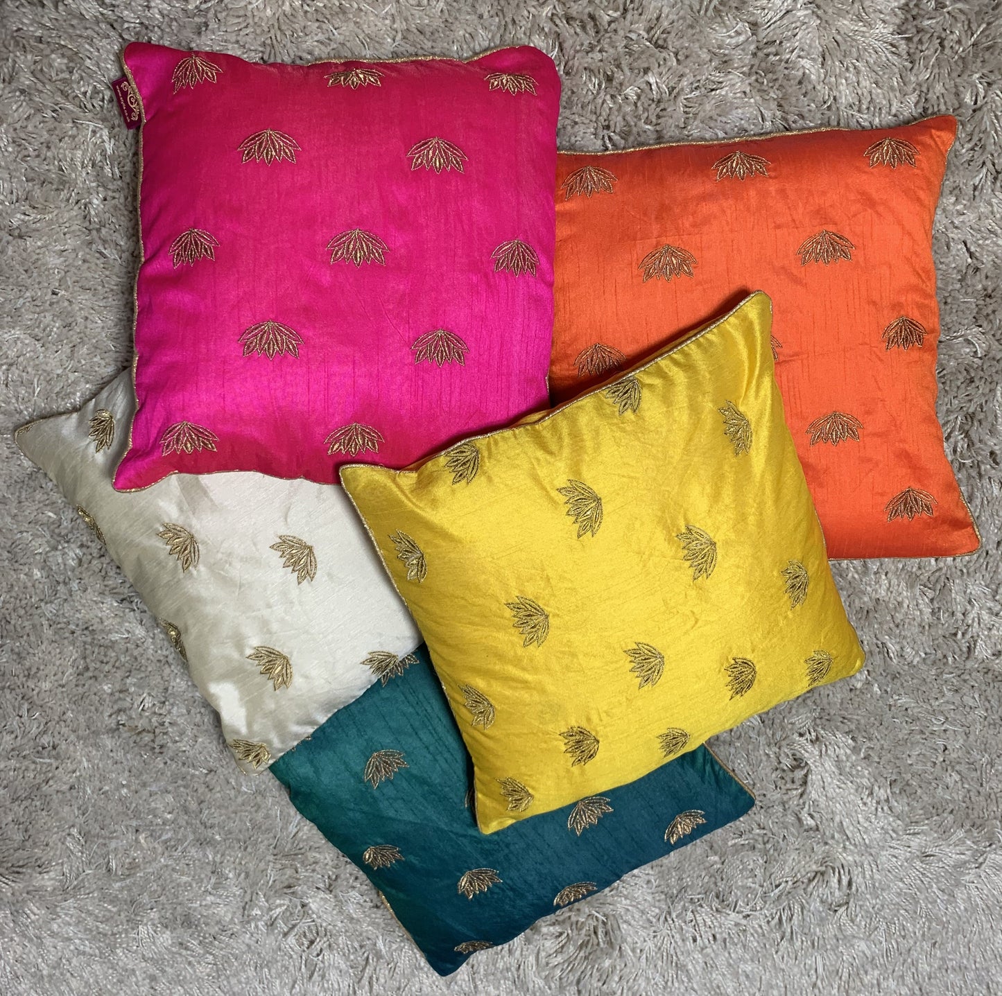 Embroidered Silk Satin Art Cushion Covers - Lotus Motifs - 41x41cm - Yellow - Stylla London